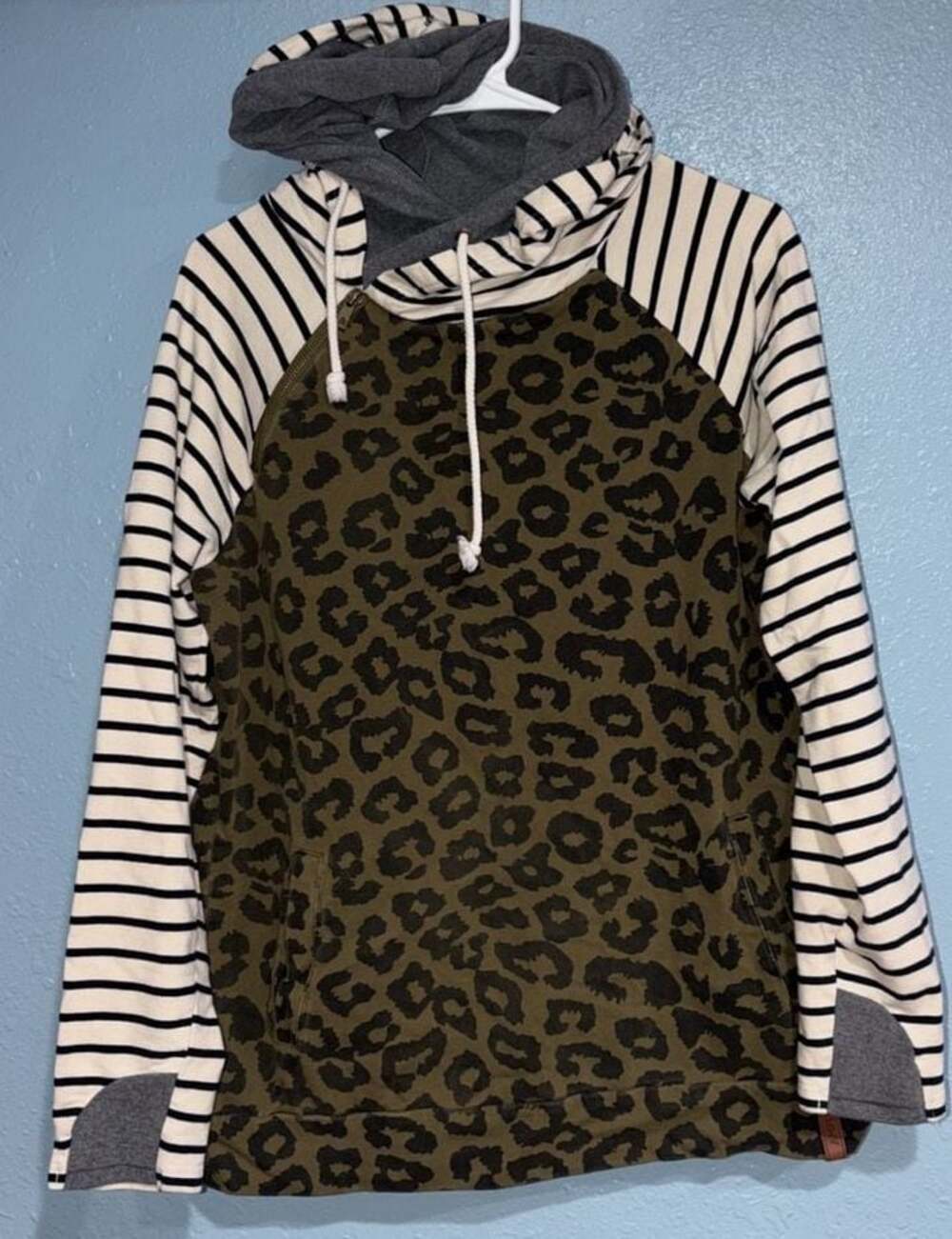 Ampersand Avenue Olive Leopard and Stripe Doublehood Pullover Sweatshirt